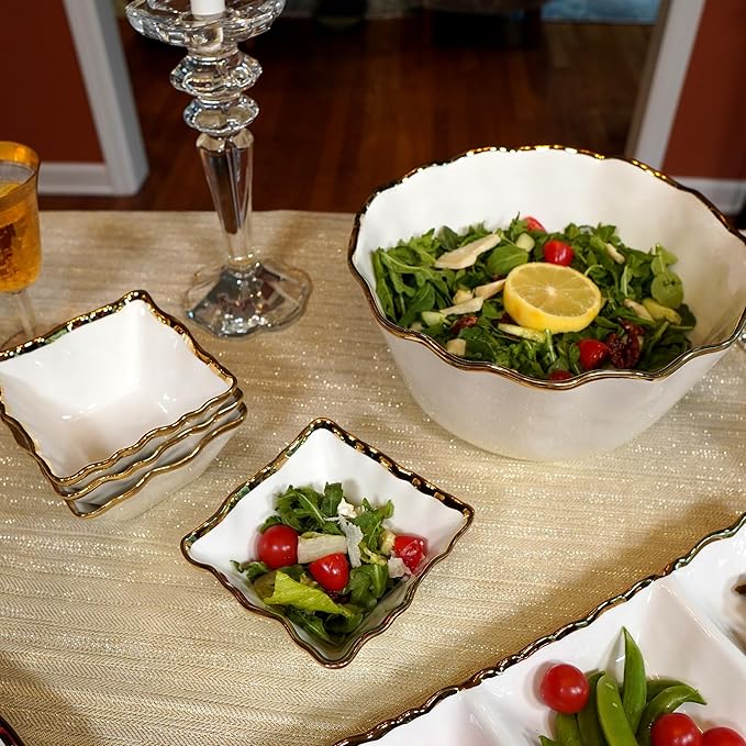 Regency Gold Porcelain Deep Bowl with Scalloped Edges & Metallic Gold Rim, 10.25x5.5in 144 oz, Elegant Serving Bowl for Salads, Pasta, Side Dishes, Durable Dinnerware for Holiday Gatherings & Everyday