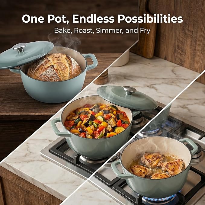 5.5QT Enamel Cast Iron Dutch Oven with Lid,Dual Handles,Versatile Heavy-Duty Non-toxic Cookware for Sourdough Bread Baking,Braising,Stews,Roasting,Oven Safe up to 500°F green
