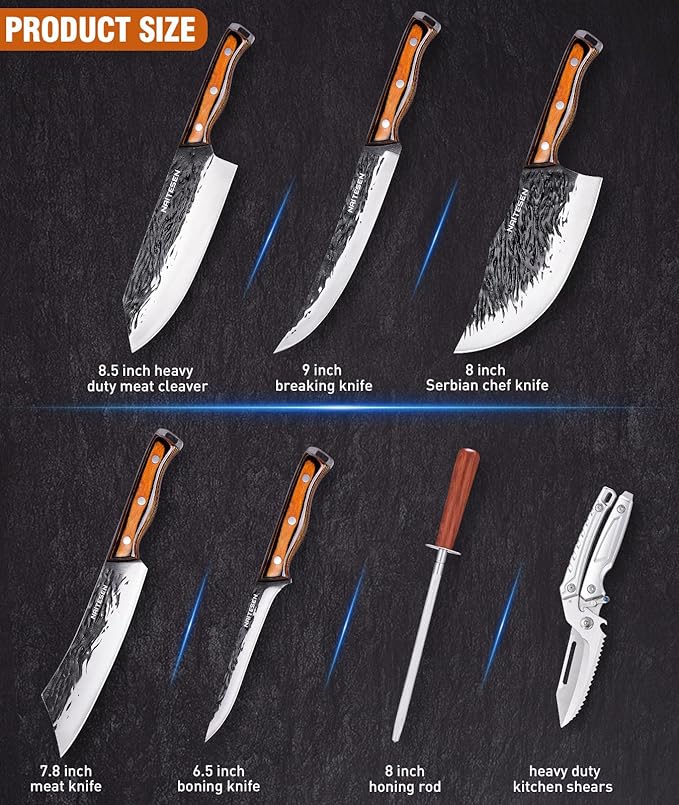 7PCS Hand Forged Butcher Knife and Kitchen Knife 2 in 1 Set with Roll Bag, Heavy Duty Meat Cleaver Serbian Chef Knife Breaking Knife Boning Knife for Meat Cutting BBQ Gifts for Men Women