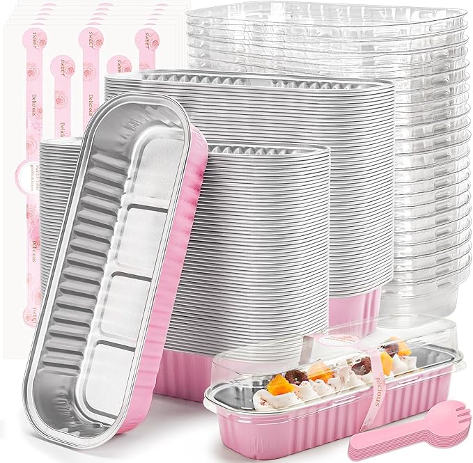 100 Pack Mini Loaf Pans with Lids Rectangle Individual Cake Pans Aluminum Foil Pans for Large Gatherings Picnics Vacations Parties(Pink, 6.8 OZ)