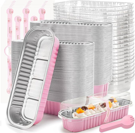 100 Pack Mini Loaf Pans with Lids Rectangle Individual Cake Pans Aluminum Foil Pans for Large Gatherings Picnics Vacations Parties(Pink, 6.8 OZ)