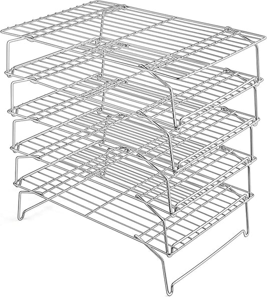 15IN x 10IN Cooling Baking Rack Set of 5, Leonyo 5-Tier Stackable Stainless Steel Wire Baking Cooking Racks Set for Cookie, Pizza, Cup Cake, Raised & Folding Feet