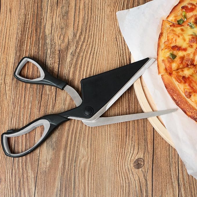 Pizza Scissors, Pizza Cutter with Shovel, Food-Grade Sharp Stainless Steel Blade and Soft Grip Handle, Multifunctional Kitchen Scissors, 27cm, Black/Grey