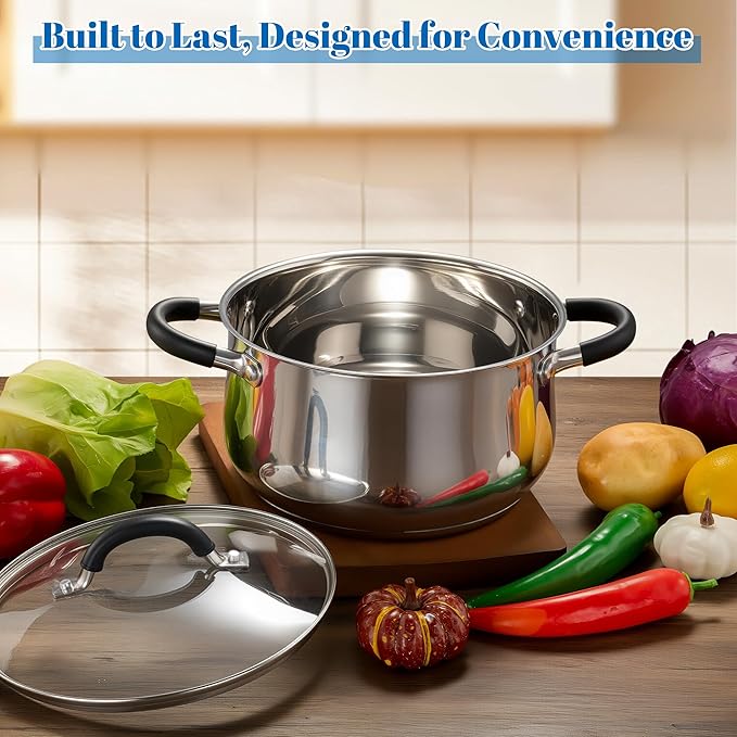 E-far 5Qt Stainless Steel Pot, Stock Pot with Glass Lid for Cooking Pasta Soup Sauce, Tri-Ply Induction Thick Base & Cool-Touch Handles, All Stoves & Dishwasher Safe