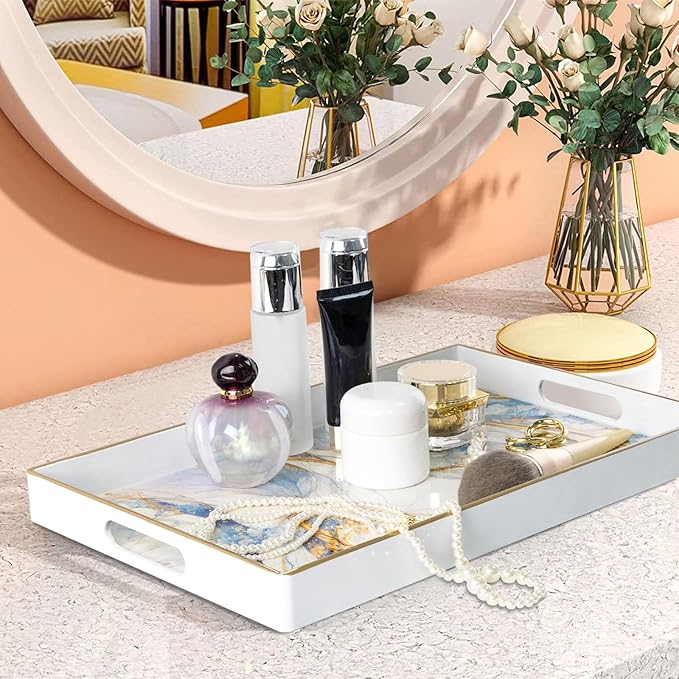 MAONAME Rectangular Decorative Tray, Modern White Serving Tray with Handles, Marbling Plastic Trays for Ottoman, Coffee Table Trays for Living Room, Home Decor, 15.8" x 11.8" x 1.6"