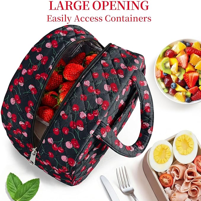 Quilted Lunch Box for Women,Coquette Aesthetic Lunch Box for Teen Girls,Cute Cherry Lunch Bags for Work, School,Office,Picnic,Travel (Blue Cherry)