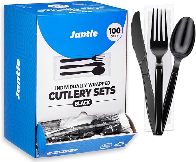 Individually Wrapped Plastic Cutlery Set with Napkin - 100 Pack Heavy Duty Disposable Forks, Spoons, Knives - Sanitary Wrapped Utensils Packets for Restaurants, Catering, Takeout, Parties (Black)