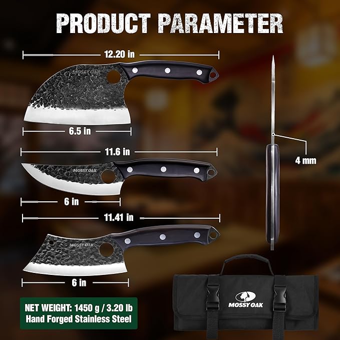 Mossy Oak Butcher Knife Set, 3PCS Hand Forged Chef Knives with Oxford Roll Bag, Meat Cleavers Full Tang Handle for Cutting, Boning and Chopping, Kitchen Knives for Outdoor Cooking, Camping