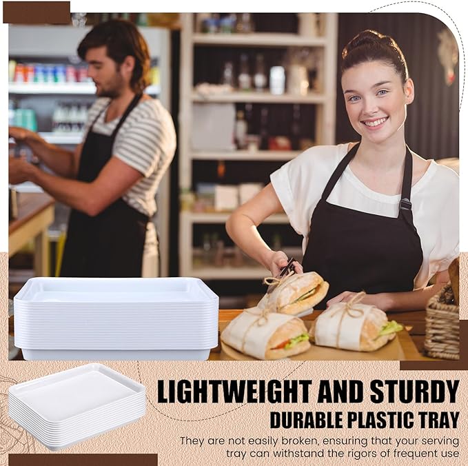 20 Pcs Plastic Serving Trays Bulk Plastic Serving Platters Reusable Rectangle Food Tray Stackable Party Trays for Dinner Snack Dessert in School Cafeteria(White,16 X 11)