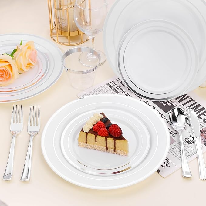 BESTSTAR 100PCS White Plastic Plates for Party, 10.25 Inch Disposable Plates with Silver Rim, Heavy Duty Dinner Plates for Wedding and Birthday