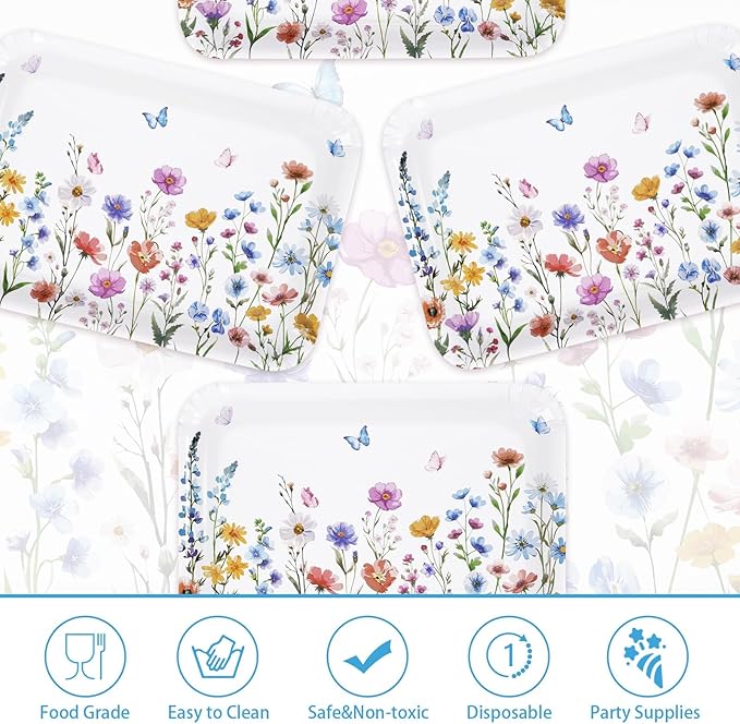50Pcs Wildflower Serving Tray 10" X 14" Large Spring Floral Paper Platters Disposable Snack Serving Platter Heavy Duty Flower Butterfly Party Trays for Spring Wedding Birthday Party Decorations