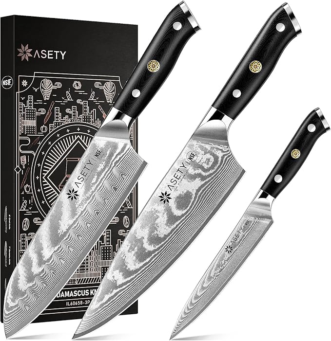 Damascus Knife Set 3 PCS: Japanese Kitchen Knives with VG10 Steel Core, Ultra-Sharp Professional Chef Knife Set, Full Tang G10 Handle, NSF Food-Safe, Elegant Box for Men Him Husband