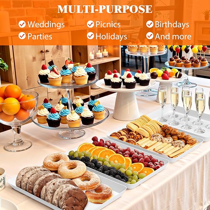 4-Pack Serving Tray Set, Reusable Plastic Serving Platter for Party Supplies, Entertaining, Grilling Accessories, Stackable Kitchen Snack Box Container for Dessert, Fruit, Cookie, (White)