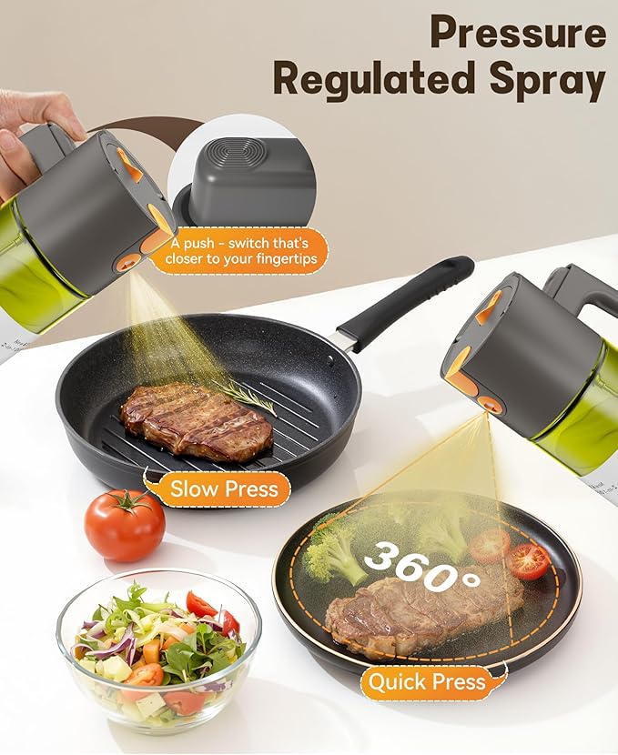 Upgrade 2 in 1 Oil Sprayer for Cooking, 17oz Light-Blocking Glass Olive Oil Dispenser Bottle for Kitchen,Food-Grade Oil Mister with 8 Stickers for Salad, Frying (Green Bottle-Grey Gap)