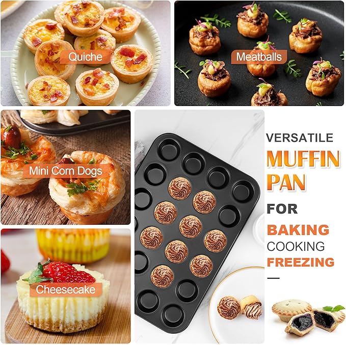 E-far Mini Muffin Pan - 24-Cup Nonstick Carbon Steel Cupcake Tin for Perfect Mini Muffins & Cupcakes, Warp-Free Bakeware for Even Baking & Easy Release, Oven Safe