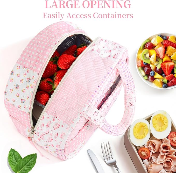 Quilted Lunch Box for Women,Coquette Aesthetic Lunch Box for Teen Girls,Cute Pink Patchwork Lunch Bags for Work, School,Office,Picnic,Travel (Pink Patchwork)