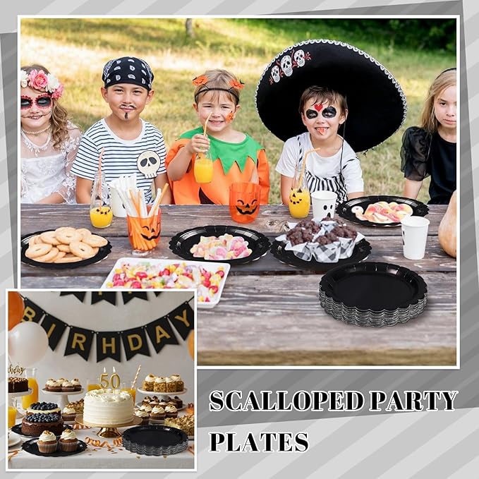 30 Pcs Black Paper Plates, 9 Inch Scalloped Disposable Black Plates Cute Dessert Dinner Plate for Wedding, Birthday, Picnic