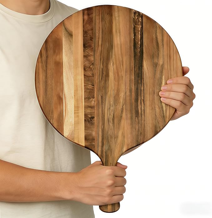Acacia Wood Round Cutting Board with Handle -16" x 12" Large Charcuterie Board, Wooden Chopping Board for Kitchen, Pizza, Meat & Cheese Serving Tray, Decorative Butcher Block