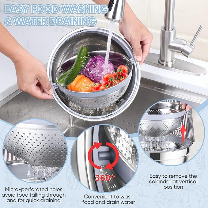 TeamFar 4-1 Colander with Bowl Set, Rotatable Colander for Kitchen, Stainless Steel Food Strainers and Colanders Mixing Bowl with Graters, for Veggies Fruits Washing, Pasta Straining - Khaki