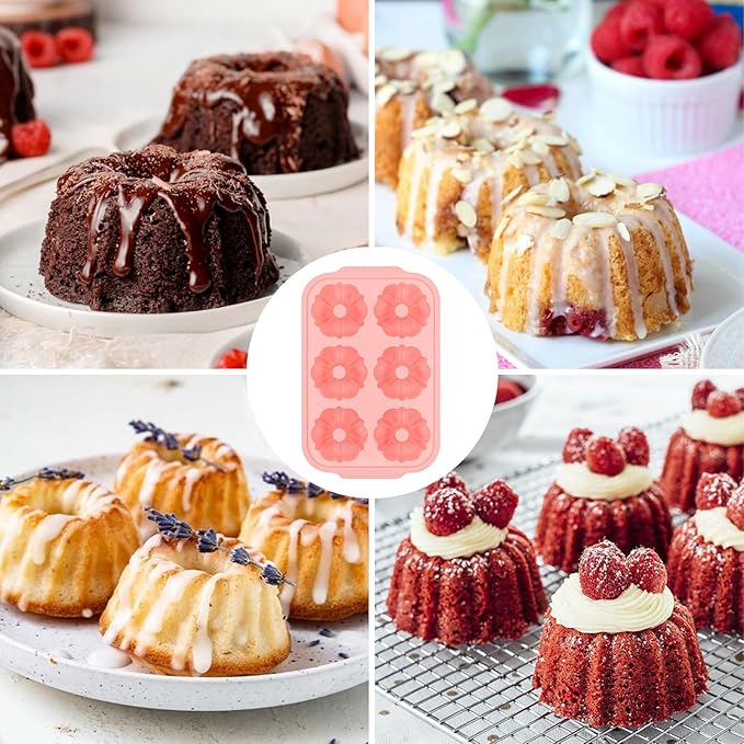 FUNBAKY Mini Fluted Tube Cake Pans for Baking with Metal Reinforced Frame, 2Pcs Silicone 6-Cavity Mini Flan Molds, Nonstick Baking Mold for Cupcake, Brownie, Donuts, Cornbread, Jello