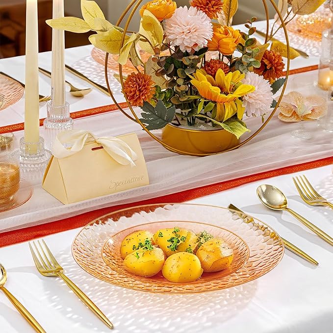 Rubtlamp 60Pcs Orange Plastic Plates, Orange Plastic Disposable Plates With Hammered Design, Party Platos Fancy Disposable Platos Include 30Dinner Plate,30Desssert Plate For Spring Easter