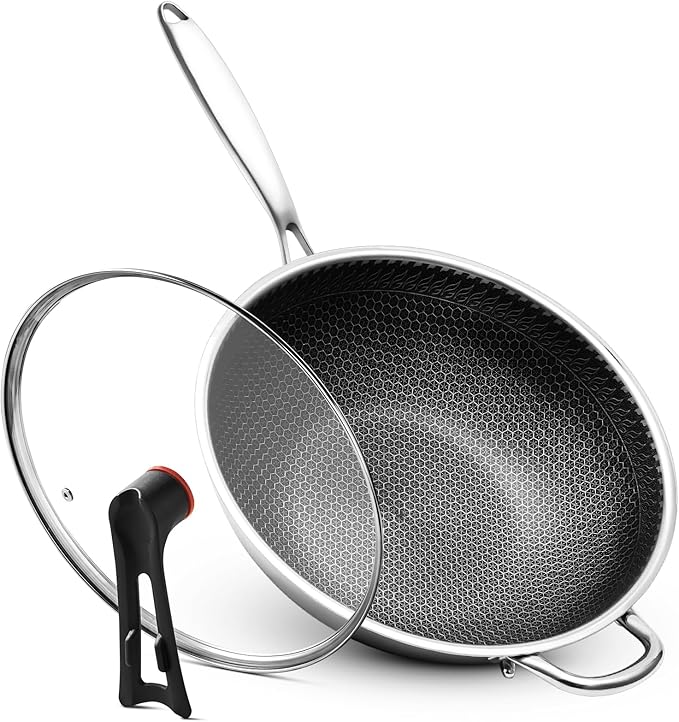 WANGYUANJI Stainless Steel Wok Pan with Lid, 12.6 Inch Honeycomb Hybrid Nonstick Stir Fry Pan, Tri-Ply Clad Skillet for Induction Electric Gas Stove, Dishwasher Safe, No Seasoning Needed (Serves 3-4)
