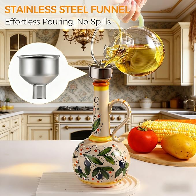 Ceramic Olive Oil Dispenser Bottle 23oz, Hand Painted Olive Oil Bottles, Decorative Stoneware Olive Oil Cruet for Kitchen with Stainless Steel Spout for Oils, Sauces, Vinegar (B)