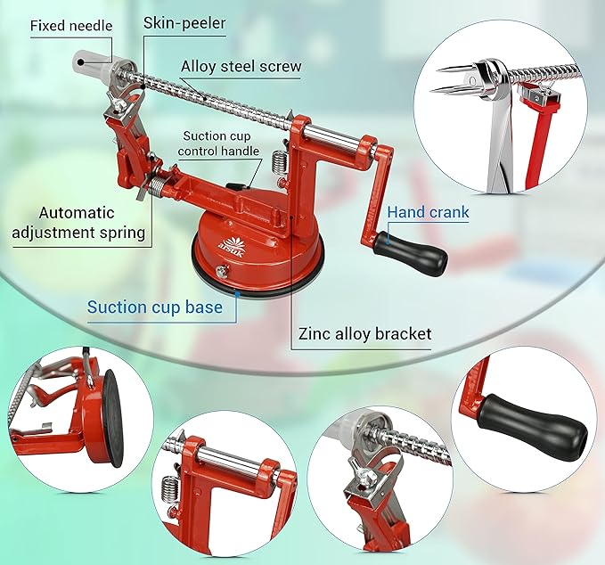 Apple Peeler Slicer Corer - (Extra 2 Blades & 1 Corer) 3 in 1 Kitchen Peeling Machine for Vegetables and Fruits, Stainless Steel Adjustable Blade, Anti Slip Suction Base