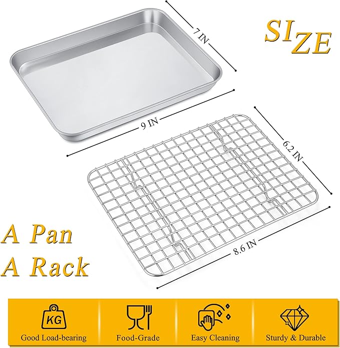 P&P CHEF 9 Inch Toaster Oven Pan with Rack Set, Stainless Steel Baking Pan Tray and Grid Cooling Rack for Cooking/Roasting, Dishwasher Safe & Easy to Clean, Non-toxic & Sturdy, (2Pcs)