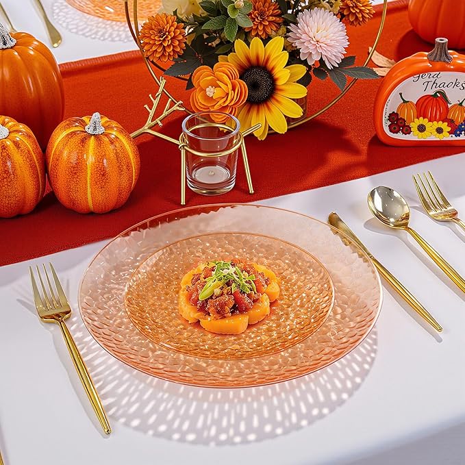 Rubtlamp 60Pcs Orange Plastic Plates, Orange Plastic Disposable Plates With Hammered Design, Party Platos Fancy Disposable Platos Include 30Dinner Plate,30Desssert Plate For Spring Easter