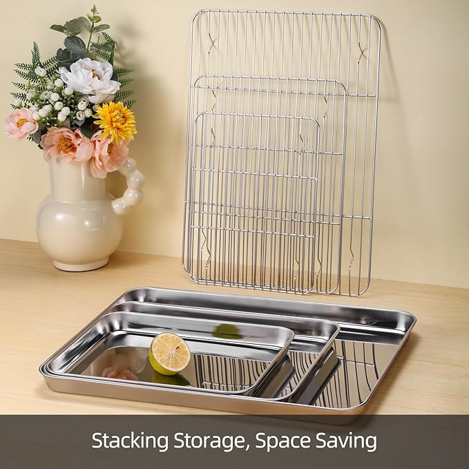 Baking Sheet with Cooling Rack Set of 6, 3 Premium Stainless Steel Cookie Sheets and 3 Wire Racks, Kitchen Nonstick Baking Pans Set Includes 3 Different Sizes, Heavy Duty Non Toxic