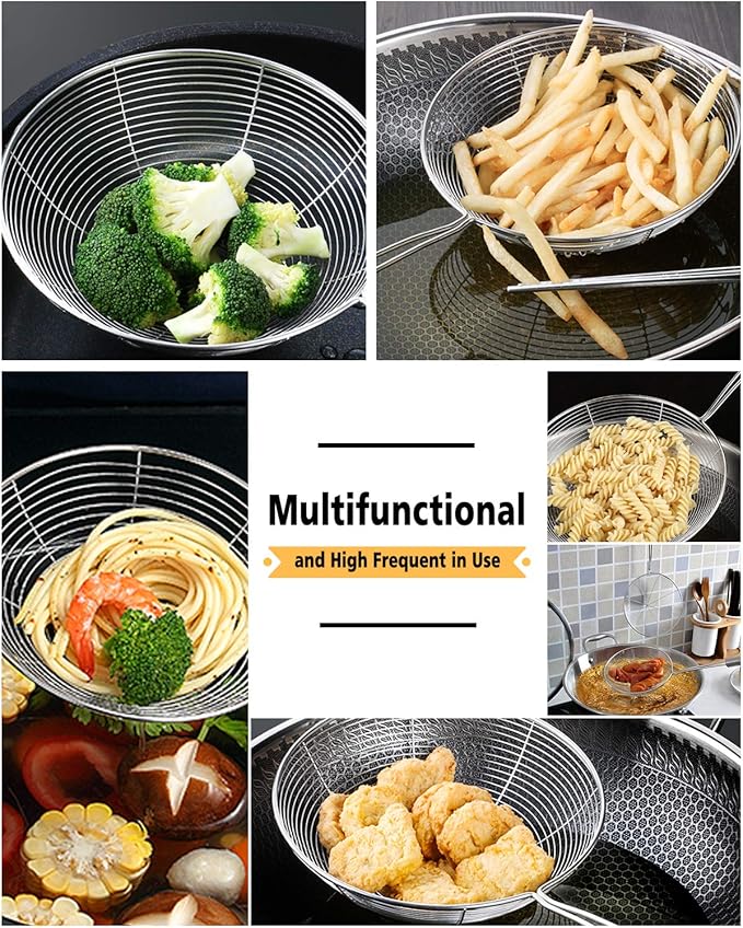 Enhanced Version Stainless Steel Spider Strainer Skimmer Ladle, Set of 3 Sizes Kitchen Strainer Spoon for Cooking and Frying, Pasta Strainer, Food Preparation-32.5cm, 36cm, 38cm