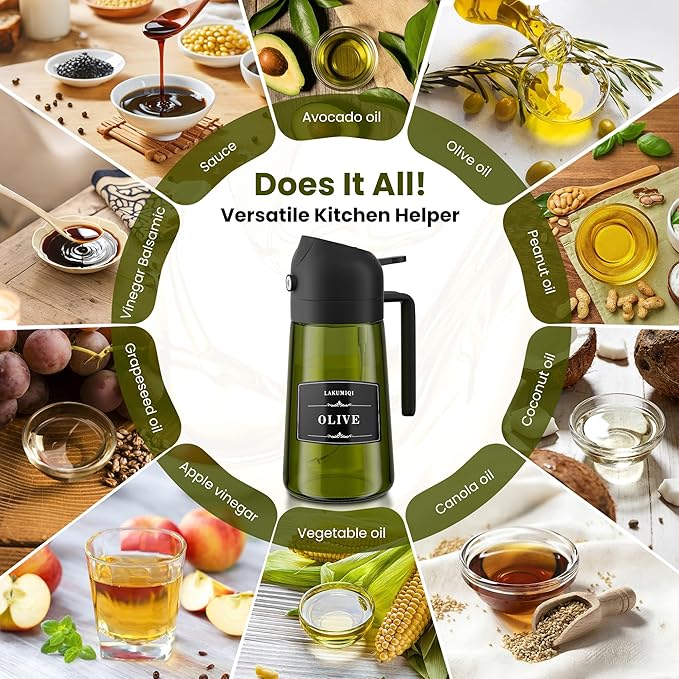 2 in 1 Oil Sprayer for Cooking, 16oz Olive Oil Dispenser Bottle for Kitchen, Food Grade Light-Blocking Leak Proof Glass Spray Bottle for Salad, Air Fryer, BBQ