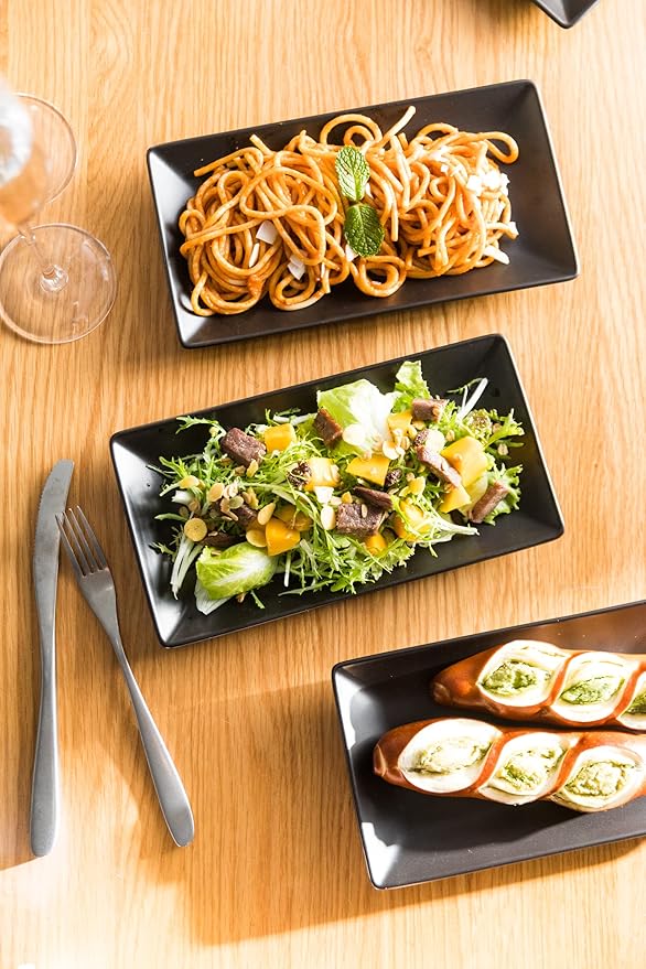 LAUCHUH Serving Platters, 10” Porcelain Serving Tray Sushi Plates Rectangular Platters for Christmas, Thanksgiving, Sushi, Dessert Cake, Appetizers, Meat, Set of 4, Black