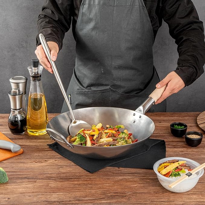 Motomori 17 Inch Wok Spatula, 1 Wide Cooking Turner - Hanging Hole, Extra Long Handle, 304 Stainless Steel Chinese Cooking Spatula, Dishwashable, For Stirring, Flipping, Frying - Restaurantware