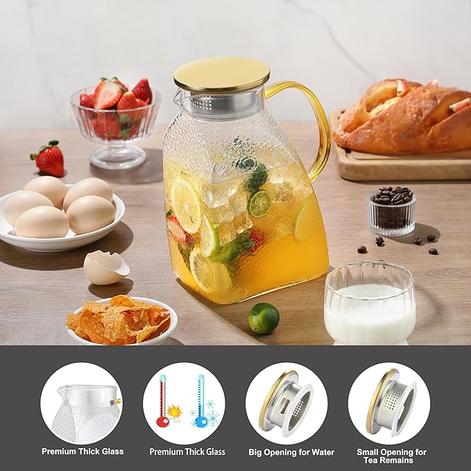 Glass Pitcher, Mituer 60oz Glass Water Pitchers with Handle and Lid, Tea Pitcher for Fridge, Iced Tea, Coffee Milk, Juice