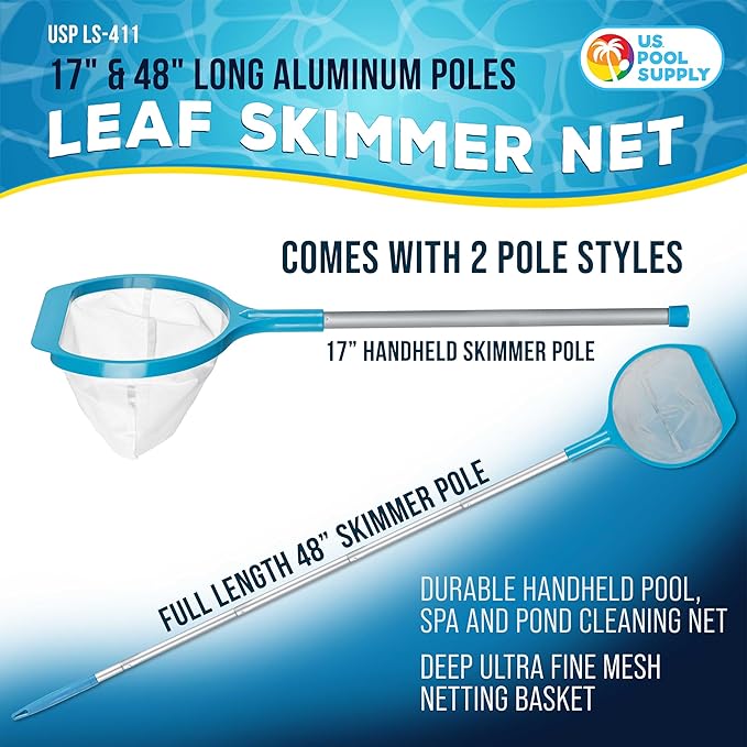 U.S. Pool Supply Spa, Hot Tub, Pool Leaf Skimmer Net, 17" & 48" Long Aluminum Poles - Deep Ultra Fine Mesh Netting, Handheld Pool Cleaning Net, Clean Finest Debris, Leaves, Ponds, Small Above Ground