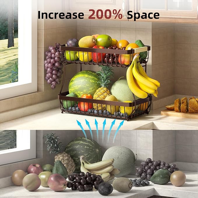 2 Tier Large Fruit Basket for Kitchen Counter with 2 Mobile Banana Hangers, 2026 Pro Detachable Metal Fruit Bowl with Wooden Handle (Brown, 2 Tier)
