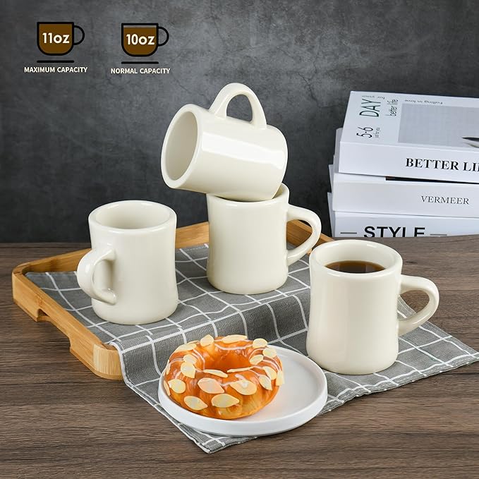 11oz White Diner Coffee Mug Set of 4 Ceramic Mugs Great for Kitchen Set, Travel, and Hot Tea (Cream)