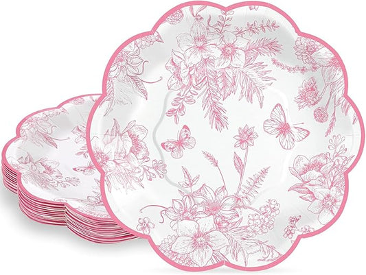 30 Pcs Pink Floral Paper Plates, 7 inch Tea Party Plates Vintage Flower Toile Plate Pink and White Dessert Plate Disposable for Easter Baby Bridal Shower Mother's Day Birthday