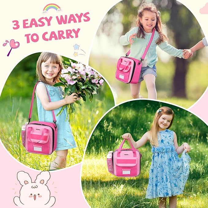 REDSHELL Tactical Lunch Box Kids, Large Insulated Lunch Bag for Girls, Cooler Lunchbag, Toddler Square Lunchbox, School Daycare Lunch Tote Pail with Water Bottle Holder Shoulder Strap, Rose Red