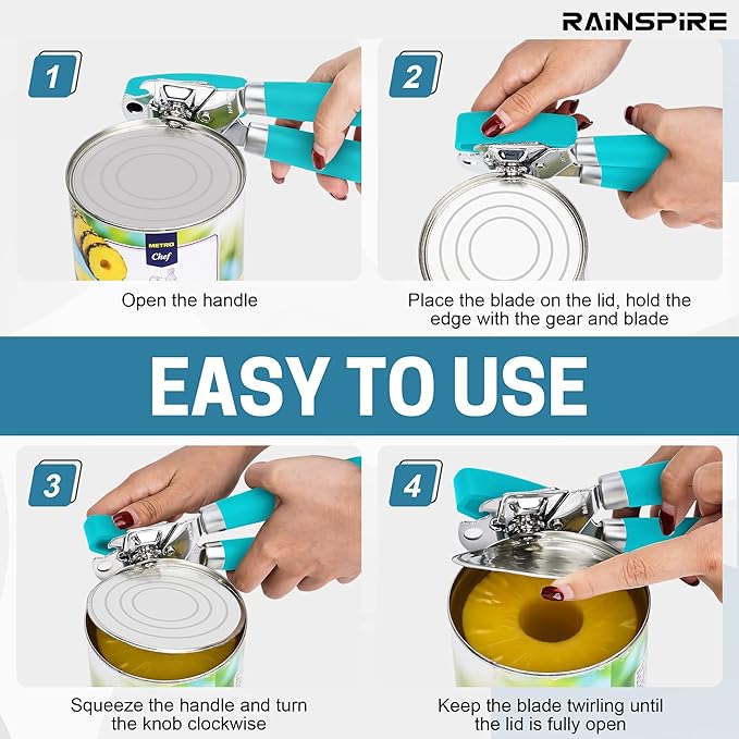 Rainspire Can Opener Manual Handheld Strong Manual Can Opener Smooth Edge Cut, Can Opener Heavy Duty, Comfortable Soft Handle, Built-in Bottle Opener, Blue