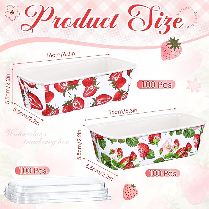 LemonRoad 100 Pcs Strawberry Mini Loaf Pans with Lids 6.3 x 2.2 x 2.2 in Disposable Paper Baking Pans Bulk, Strawberry Baby Shower Baking Party Supplies for Cake Bread Oven Bakery