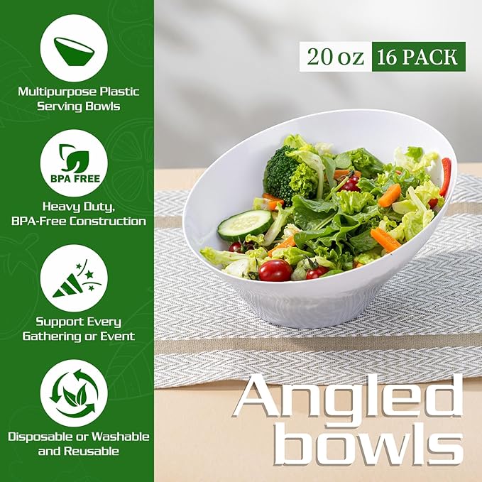Liacere 16 Pack White Plastic Serving Bowls - 20 OZ Snack Bowl - Disposable Bowl Angled Party Table Salad and Fruit Bowl Small Serving Bowls for Chip&Candy, Ideal for Wedding & Christmas & New Year