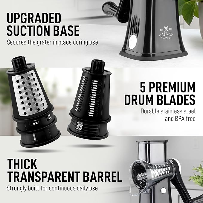 Zulay Kitchen Rotary Cheese Grater 5 Blade Cheese Shredder - Manual Hand Crank Cheese Grater With Reinforced Suction & 5 Interchangeable Drums - Easy to Use, Vegetable Chopper Round Mandoline Slicer