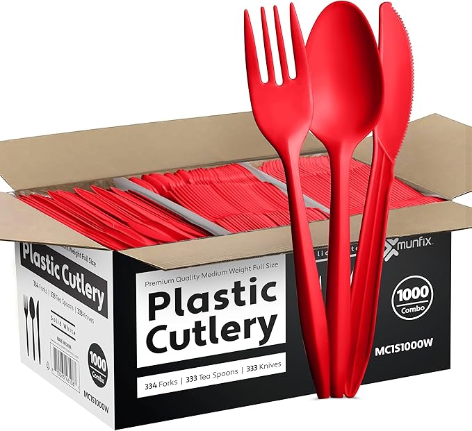 1000 Count Red Silverware Set, 334 Forks, 333 Spoons, 333 Knives, Medium Weight BPA Free Disposable Plastic Cutlery Set, Bulk Combo Pack Flatware Set for Party Supplies