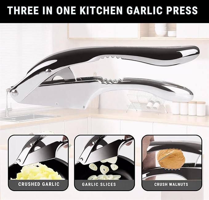 3 in1 Garlic Press Stainless Steel – Heavy Duty Garlic Crusher & Mincer with Cleaning Tool, Ergonomic Easy Squeeze Handle, Rust-Proof Dishwasher Safe Garlic Mincer for Kitchen