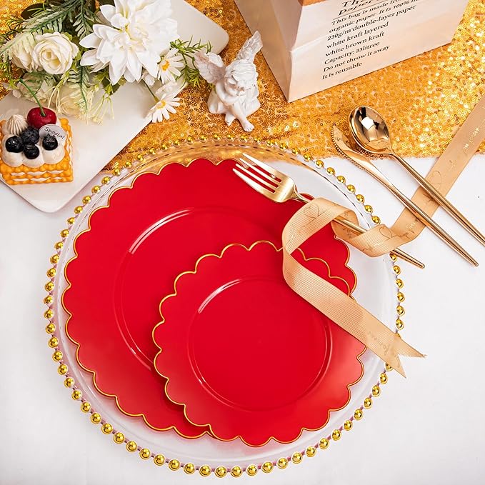 LIYH 60 Pcs Red Plastic Plates Disposable with Gold Edge Scalloped Red Disposable Plates Includes 30 Dessert & 30 Dinner Plate Dishes Tableware for Party Birthday Mother's Day