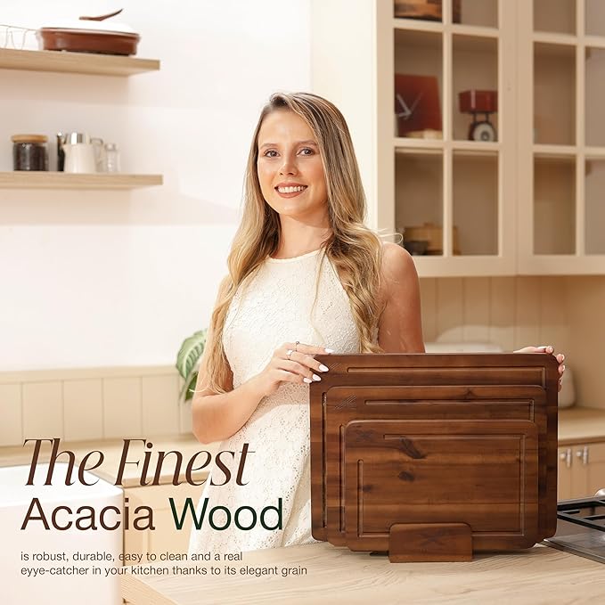 Acacia Wood Cutting Board Set of 3 with Stand - Thick Wooden Chopping Boards with Deep Juice Grooves - Non-Slip & Durable Wooden Boards for Meat & Vegetables (16x12, 14x10, 12x8) - Walnut
