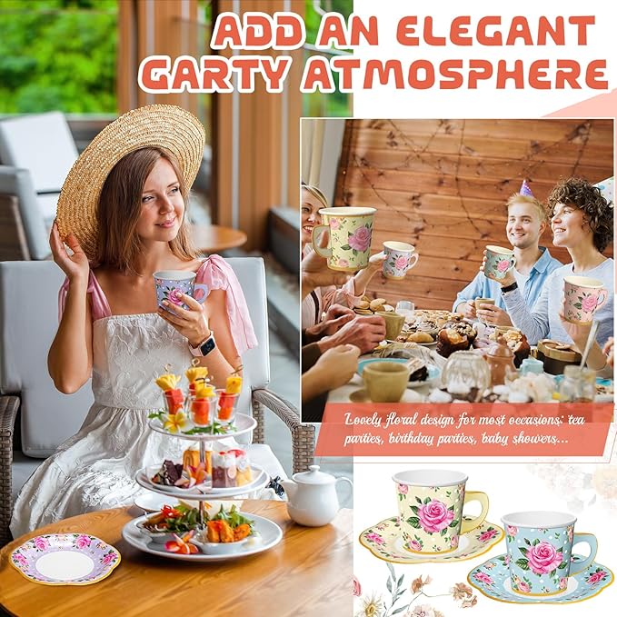 Umigy 60 Sets Spring Tea Party Decorations 6.5 oz Floral Paper Teacups & Saucer Set for Girls Women Afternoon Tea Parties Mothers Day Bridal Shower Wedding Birthday Party Decorations(Mixed Color)